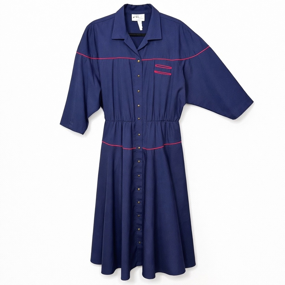 Willi of California Vintage Navy Blue Western Shirt Dress Red Piping 1X USA Made